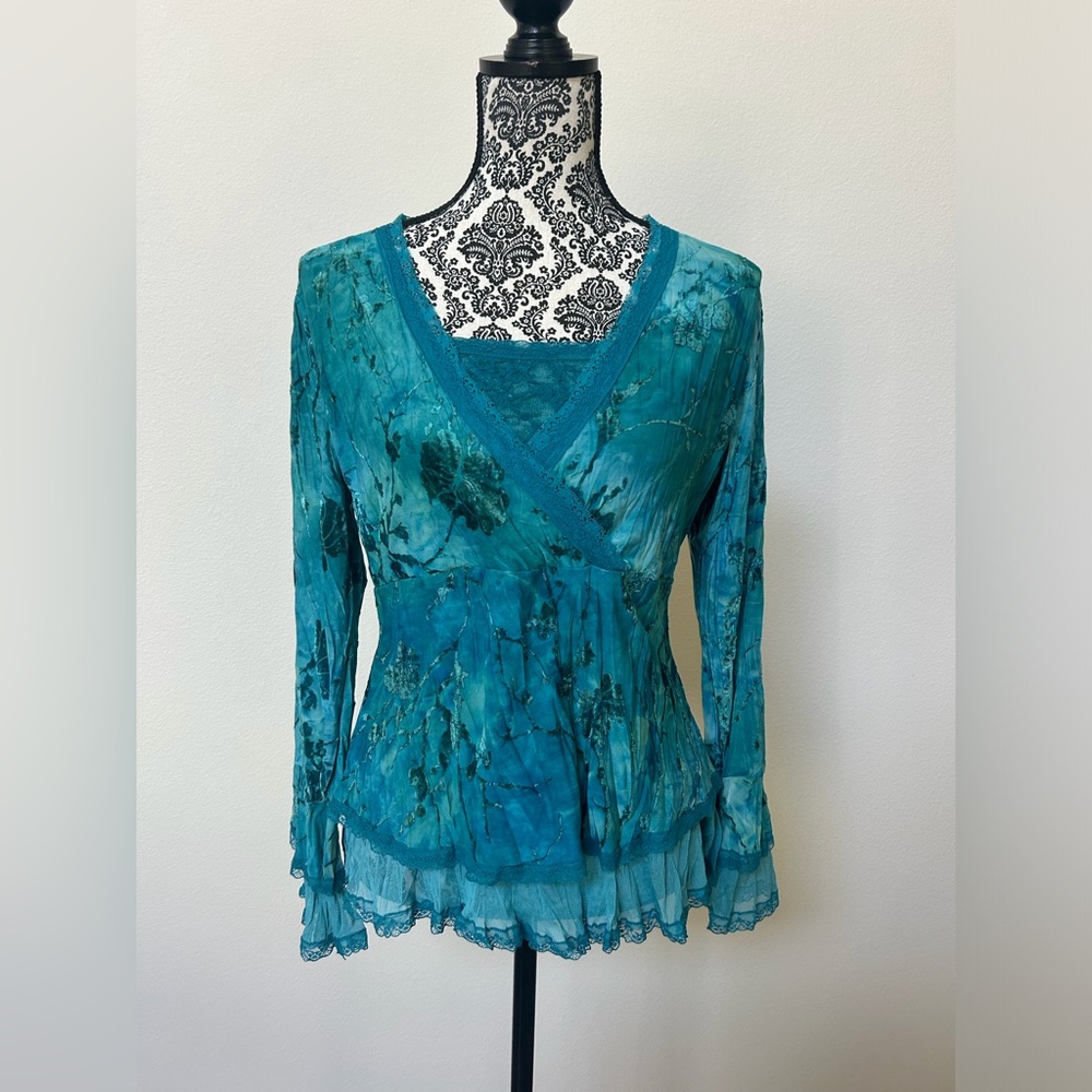 Panitti Elegant Velour Lace Boho Teal Women's Top M